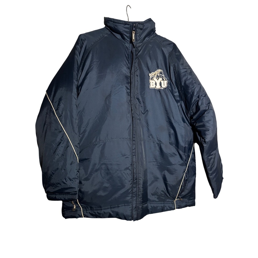 Starter BYU Cougars Jacket Mens L Navy Puffer Parka Full Zip Hooded Football